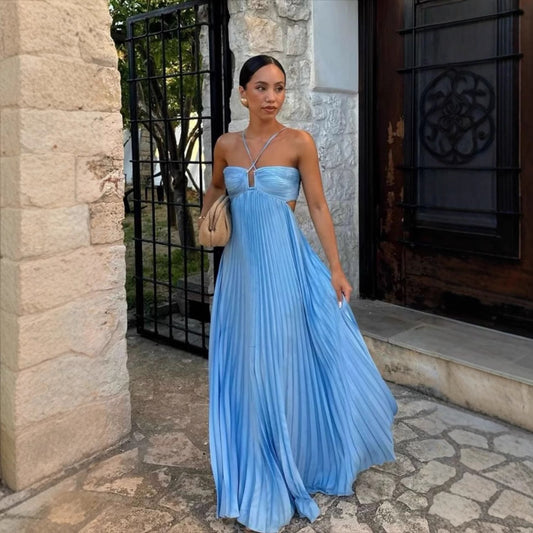 Elegant Long Pleated Dress with Cross Straps – Graceful Flow and Timeless Sophistication