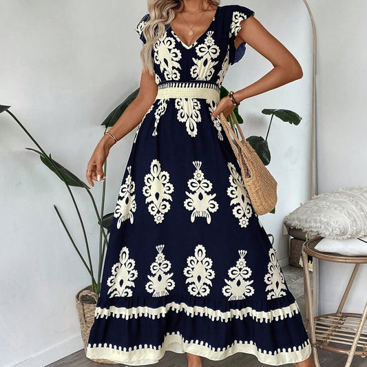 Bohemian Maxi Dress with Artistic Prints & Elegant Belted Waist