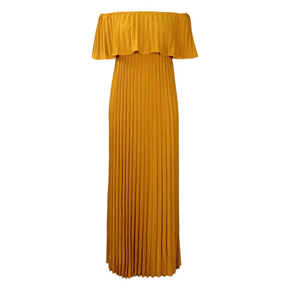 Off-Shoulder Pleated Elegance Dress – Timeless European Glamour