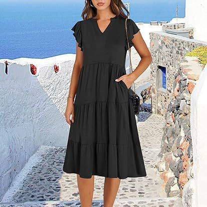 Elegant Flared Midi Dress with Artistic Stitching & Hidden Pockets