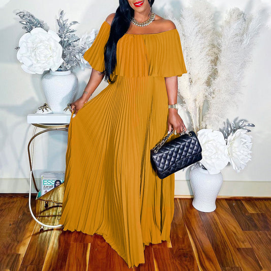 Off-Shoulder Pleated Elegance Dress – Timeless European Glamour