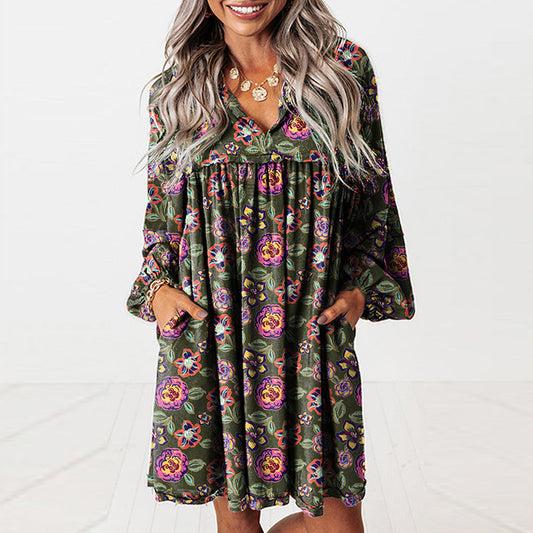 Elegant V-Neck Boho Print Dress with Effortless Charm