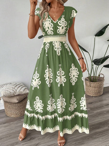 Bohemian Maxi Dress with Artistic Prints & Elegant Belted Waist