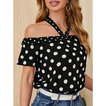 Off-Shoulder Polka Dot Top with Crossed Straps – Playful Elegance and Summer Charm