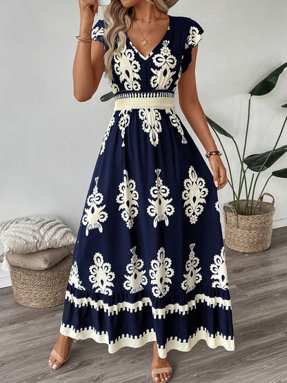 Bohemian Maxi Dress with Artistic Prints & Elegant Belted Waist