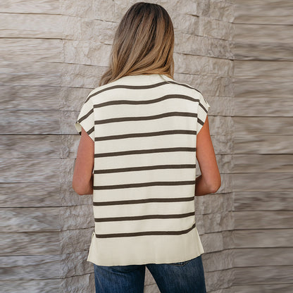 Striped Knitted Sleeveless Top with Buttons – Chic Comfort and Timeless Style