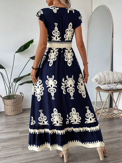 Bohemian Maxi Dress with Artistic Prints & Elegant Belted Waist
