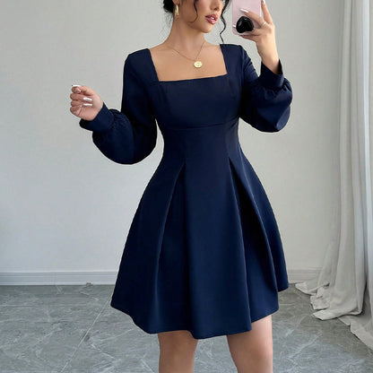Square Neck Flared Dress with Defined Waist – Classic Grace & Modern Poise