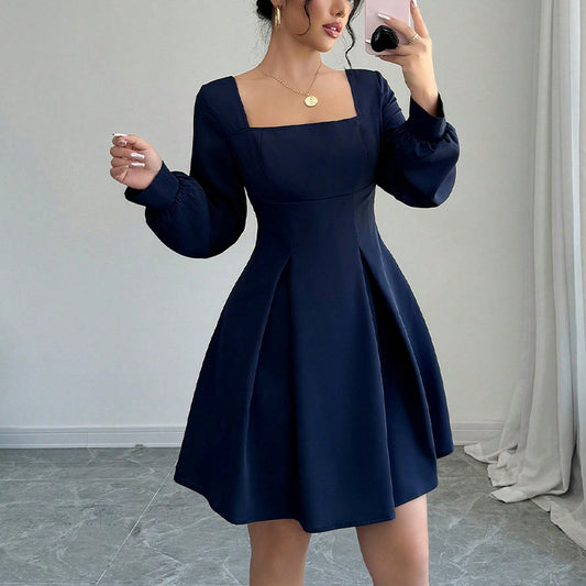 Square Neck Flared Dress with Defined Waist – Classic Grace & Modern Poise